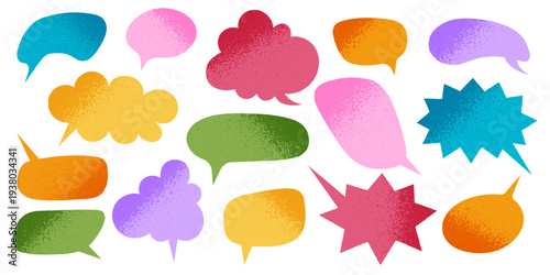 Set of cute colorful speech bubbles with gritty textures. Dialogue balloons, text boxes, quotation frames, message tags, idea clouds, thought labels isolated on white background. Vector illustration.