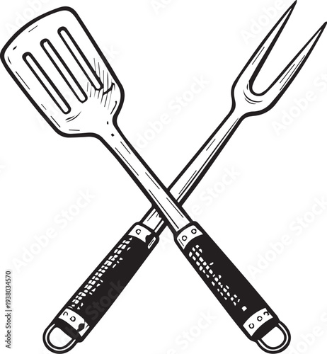 Illustration of a cross-shaped arrangement of barbecue tools, evoking a sense of outdoor cooking and culinary preparation. 