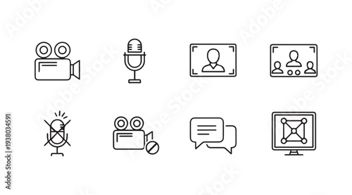 Set of Icons for Online Communication Video Calls and Streaming Services