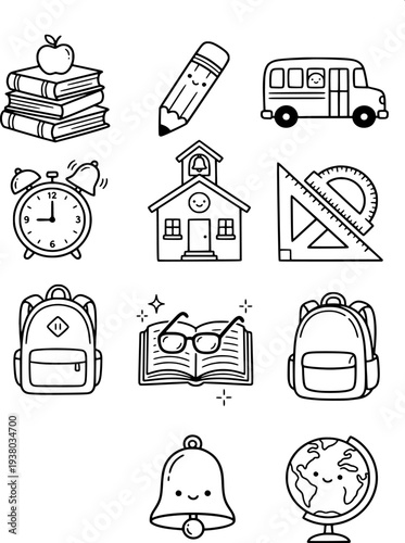 11 liner icon for education and school supplies with bus, backpack, books, and classroom tools.