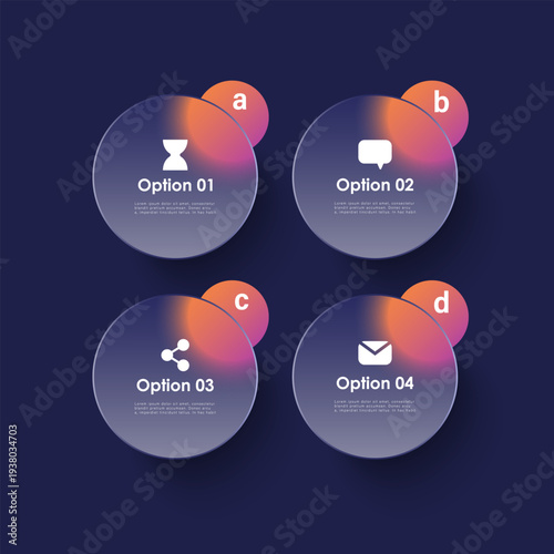 Glass morphism infographic diagram consisting of four block elements for data entry.