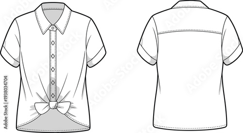 Women tie back collared blouse technical fashion flat, short sleeve button shirt with bow detail, front back CAD drawing