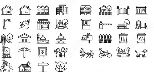 36 liner icon for neighborhood infrastructure, residential housing, urban planning, and public city facilities.