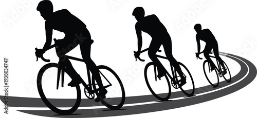 Professional cycling athletes riding bicycles on road track vector illustration, black silhouette icons for sports competition
