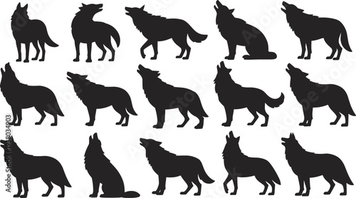 Black silhouette collection of wild wolves howling and standing isolated on a white background for winter nature design (19 words)