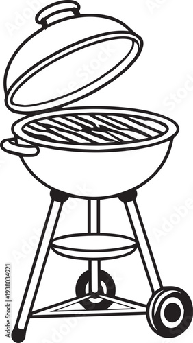 An outdoor charcoal grill illustration, open and ready for a summer barbecue.