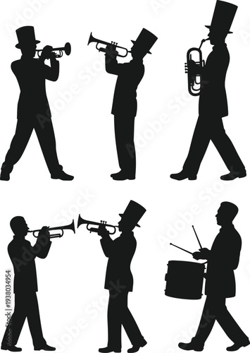 Musical marching band parade silhouette collection, classic musician characters with brass instruments and drum vector illustration