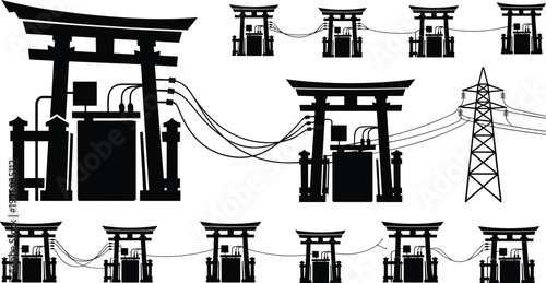 Electric power substation silhouettes collection, high voltage transformer station with transmission tower and cables, energy industry vector illustration set