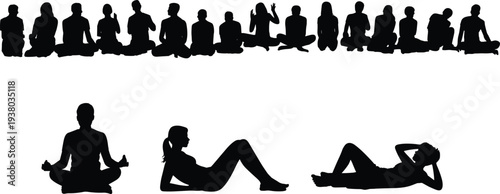 People sitting silhouettes collection, meditation yoga and relaxed seated human poses, lifestyle relaxation vector illustration isolated icons set
