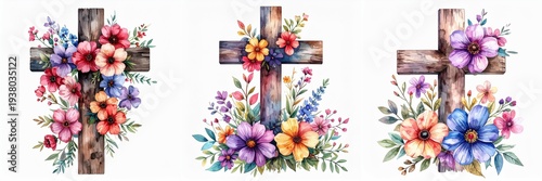 Rustic wooden crosses decorated with vibrant watercolor floral arrangements illustrated as symbolic Christian faith elements isolated on clean white background