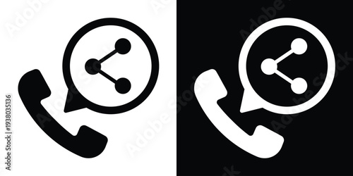 Vector flat icons of a telephone handset with a share symbol in a speech bubble. Represents call sharing, referral programs, and social communication connectivity.