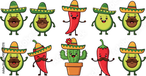 Cute avocado chili pepper cactus characters wearing sombrero Mexican food cartoon vector illustration set festive collection