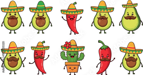 Cute avocado chili pepper cactus pear characters wearing sombrero Mexican cartoon food mascots vector