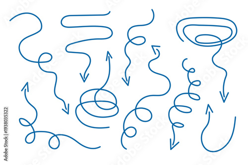 Arrows set, hand drawn doodle direction twist indicators, pointers and scroll elements.Collection of swirly various dynamics shapes.Isolated on white background. Vector illustration