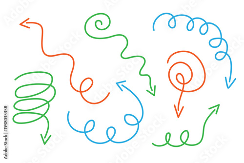 Arrows set, hand drawn doodle direction twist indicators, pointers and scroll elements.Collection of swirly various dynamics shapes.Isolated on white background. Vector illustration