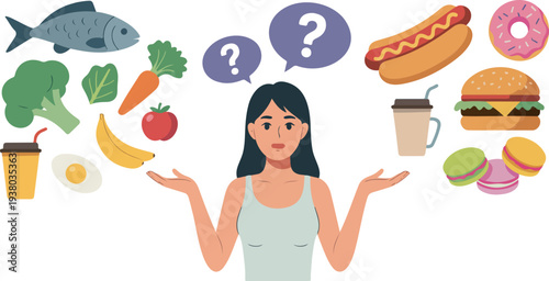 Confused Woman Choosing Between Healthy Food and Junk Food Vector Illustration with Question Marks, Flat Cartoon Style, and Decision Concept