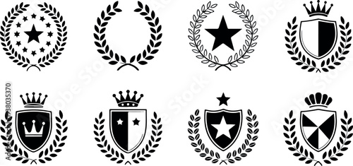 Black Silhouette Vector Collection of Laurel Wreaths, Royal Shields, Crowns, Stars, and Heraldic Badge Emblems for Classic Design
