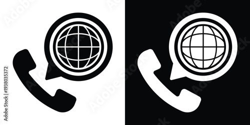 Minimalist vector icon featuring a telephone handset and a globe within a speech bubble. Ideal for international telecommunications, global customer support, and roaming services.