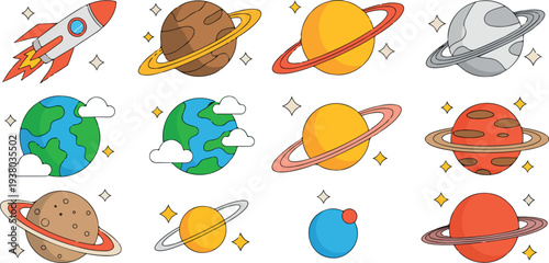 Cartoon Space Planets and Rocket Vector Set with Stars, Rings, and Educational Astronomy Elements for Kids’ Learning Illustrations