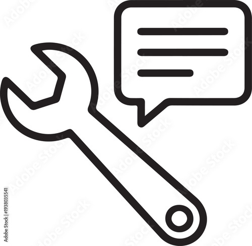 Wrench with Speech Bubble Icon for Technical Support and Repair Service Line Art