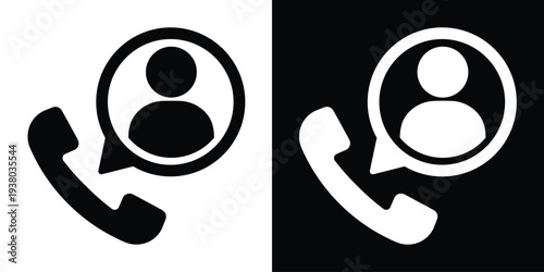 Professional vector icon showing a phone receiver with a user profile avatar inside a chat bubble. Represents customer service, personal contact, direct calling, or user support help.