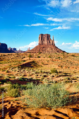 View of East Mitten Butte in Monument Valley with clear blue sky