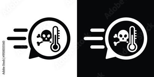 High-speed warning icon depicting a skull and crossbones next to a thermometer inside a moving speech bubble. Signals urgent alerts for extreme heat, toxic fever, or dangerous climate.