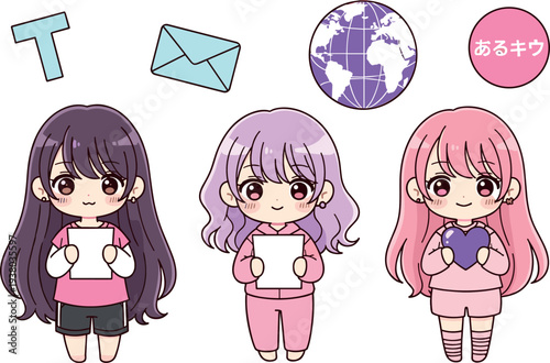 Cute anime chibi girls holding letter and heart with social media icons message envelope globe and text bubble kawaii character vector illustration set