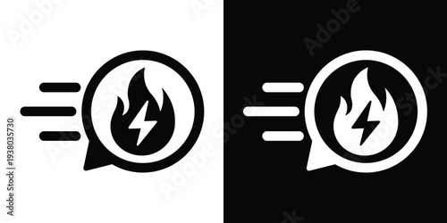 Vector flat icon of a fast-moving speech bubble with a flame and lightning bolt inside. Represents high-speed communication, hot news, viral messages, or energetic instant chatting.