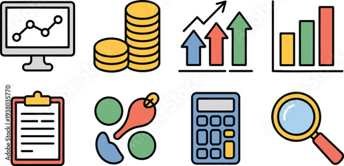 Business and finance icon collection featuring line graphs bar charts document folders and accounting equipment.