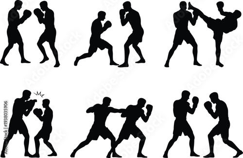 Professional boxing athletes and kickboxing fighters silhouette vector set, martial arts combat sports competition training icons