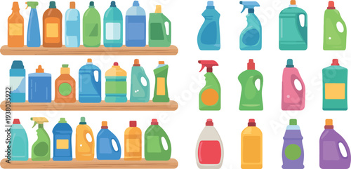 Colorful Household Cleaning Products Vector Set Featuring Detergent Bottles, Spray Containers, and Supermarket Shelf Display Illustrations