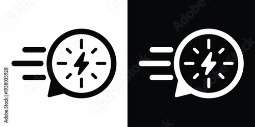 Vector flat icon featuring a lightning bolt symbol in a motion speech bubble. Ideal for representing fast charging, high-speed energy, urgent power notifications, and electric speed.