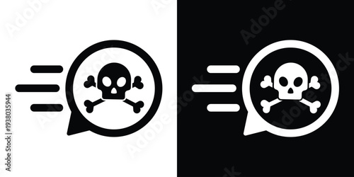 Flat vector icon of a skull and crossbones inside a speed-motion speech bubble. Perfect for representing toxic alerts, hazardous warnings, high-priority danger, or death-related notifications.