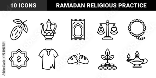 Islamic charity and Ramadan religious practice elements. Monoline minimalist pictograms featuring zakat, prayer rug, dates, and generosity concepts.