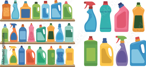 Household Cleaning Product Vector Collection with Colorful Detergent Bottles, Spray Containers, and Organized Supermarket Shelf Display Illustrations