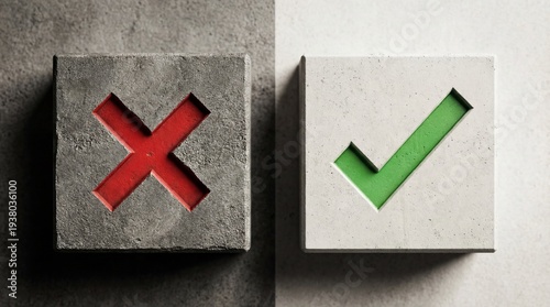 A close-up image showing contrasting concepts of right and wrong, symbolized by check mark and cross mark