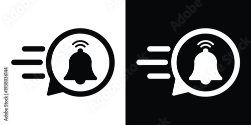 Flat vector icon of a ringing notification bell inside a speed-motion speech bubble. Suitable for urgent alerts, high-speed reminders, push notifications, and real-time message signals.