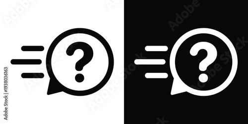 Vector icon of a question mark inside a moving chat bubble. Represents instant customer support, quick FAQ response, rapid inquiry, and high-speed communication for help desks.