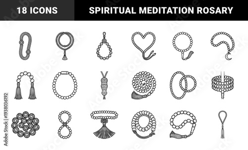 Traditional prayer beads and religious rosary meditation elements. Technical monoline illustrations of spiritual jewelry for mindfulness and cultural design.