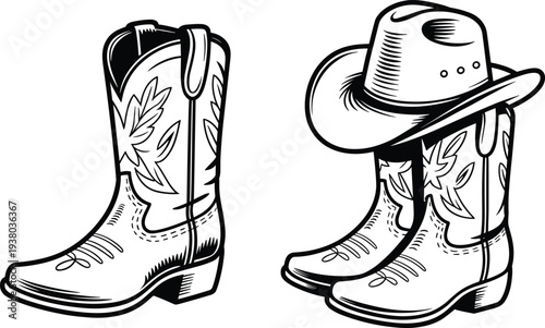 Vintage cowboy boots and western hat vector illustration, classic country style apparel icons for rodeo design