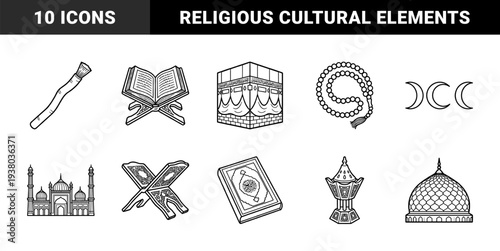 Islamic religious symbols and cultural artifacts for educational materials. Traditional line art featuring Quran, Kaaba, Mosque, and prayer beads.