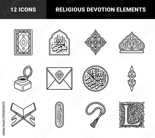 Islamic cultural heritage and religious devotion symbols featuring Quran book, calligraphy art, prayer beads, and ornate geometric patterns in monoline style.