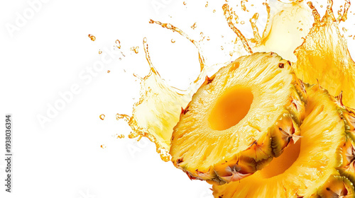 Juicy pineapple rings splashing through golden nectar liquid in dynamic motion