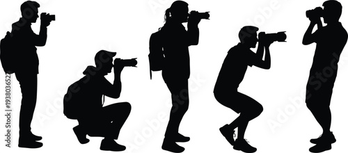 Photographer silhouette set with camera shooting poses, professional photography people vector collection, black human figures isolated on white 