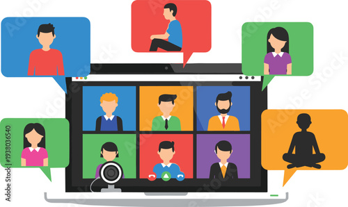 Online video conference meeting illustration with diverse people on laptop screen remote teamwork virtual communication webinar and work from home concept