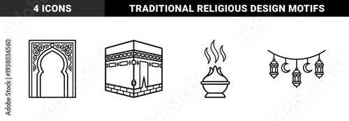 Islamic heritage symbols and Ramadan decorative elements in clean monoline aesthetic. Minimalist line art featuring Kaaba, ornate arch, hanging lanterns, and incense burner.