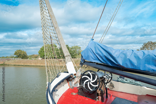 Tableau sur toile Detailed view of the forward rigging on a moored up ship in an inland waterway in Britain, seen in late summer