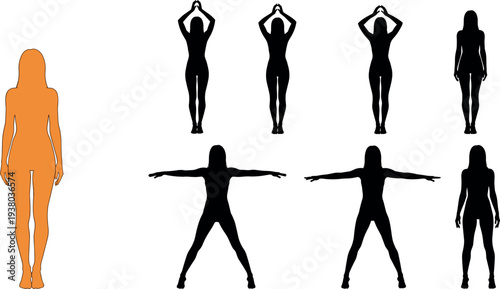Female body silhouette set with standing and exercise poses woman figure black silhouette vector illustration collection
