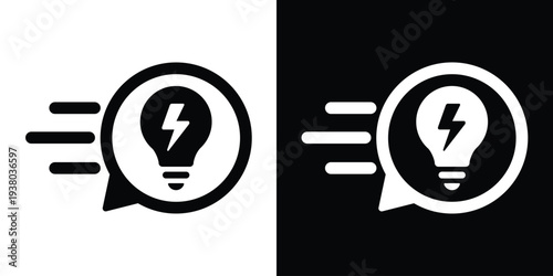 Minimalist fast idea icon featuring a light bulb with a lightning bolt inside a speech bubble with motion lines. Black and white vector set design.